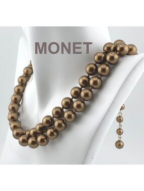 Monet Vintage Double Strand Bronze Tone Brown Faux Pearl Necklace 15-17"